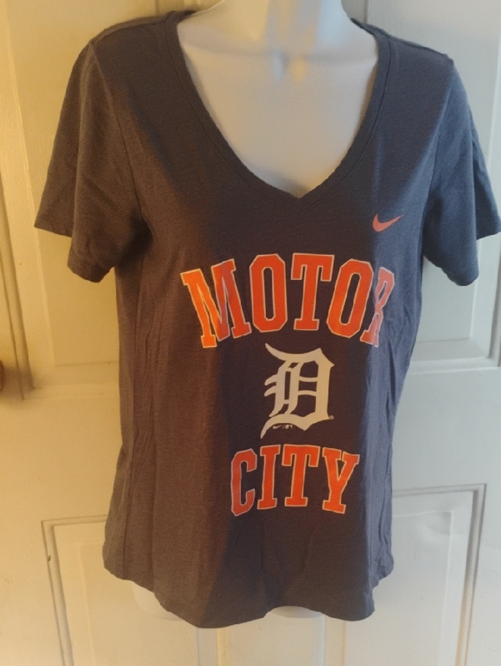 Nike Women's Motor City V-Neck Tee in Navy with Orange and White Graphics